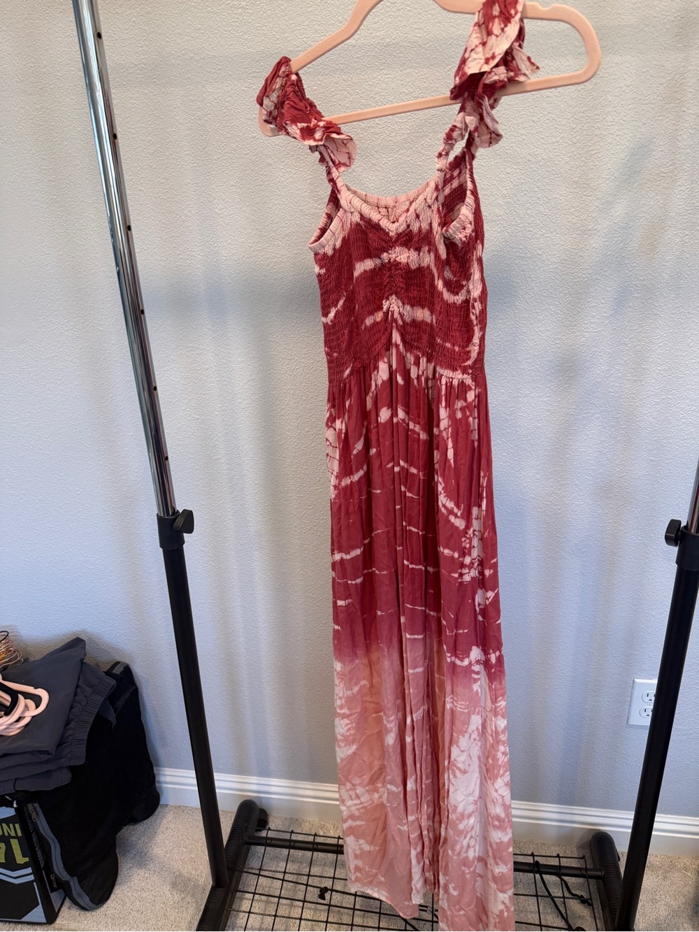 Kiwi & Punch Tie-Dye Smocked Maxi Dress in Red & Pink Sz Large Ruffle Sleeves